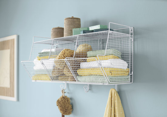 Modular wire shelving units provide a clean solution for messy spaces. Pictured: VivaTerra White 3-Bin Wire Hanging Shelf, $150; vivaterra.com